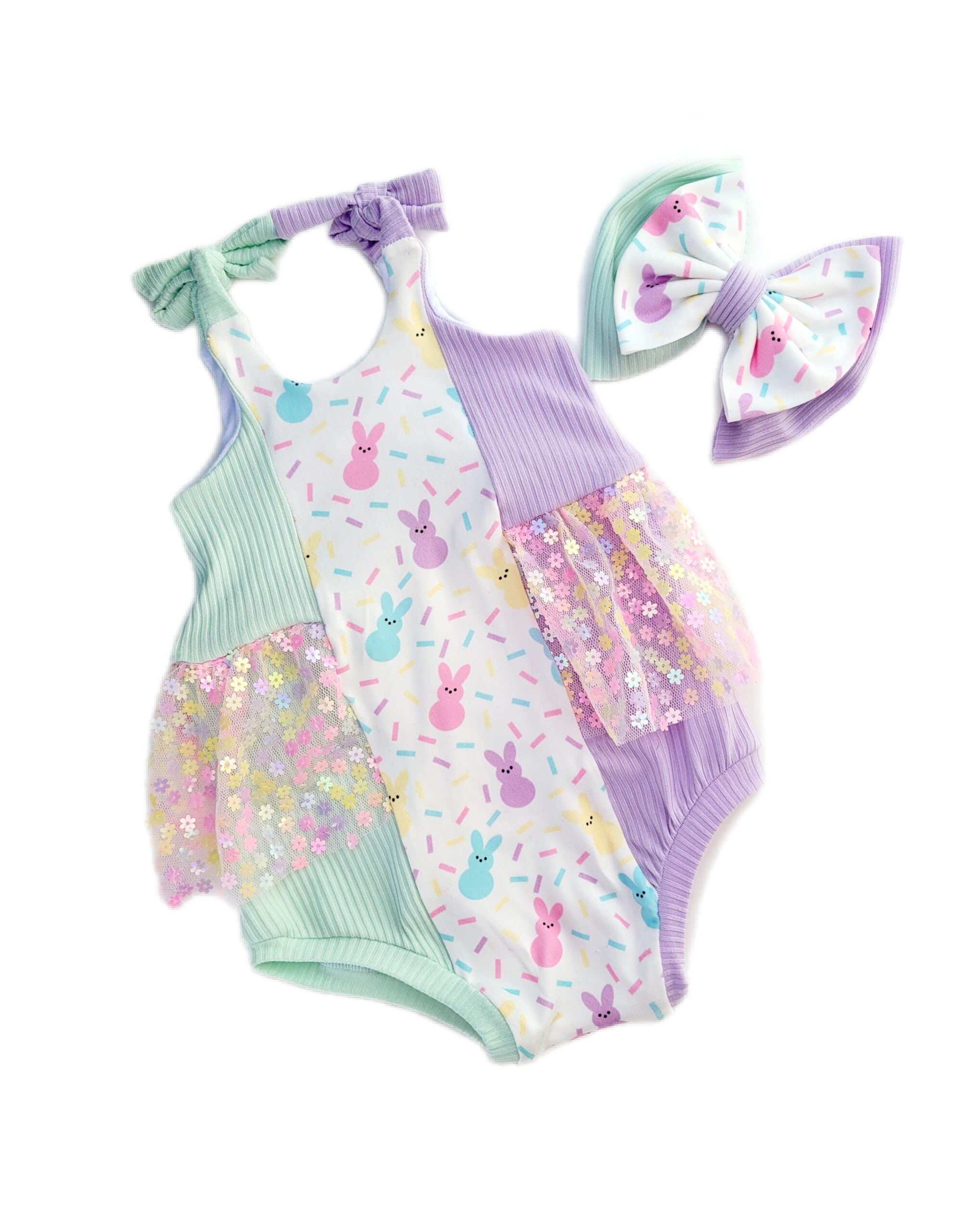 Easter Romper Pastel Sequin Tulle and Bow