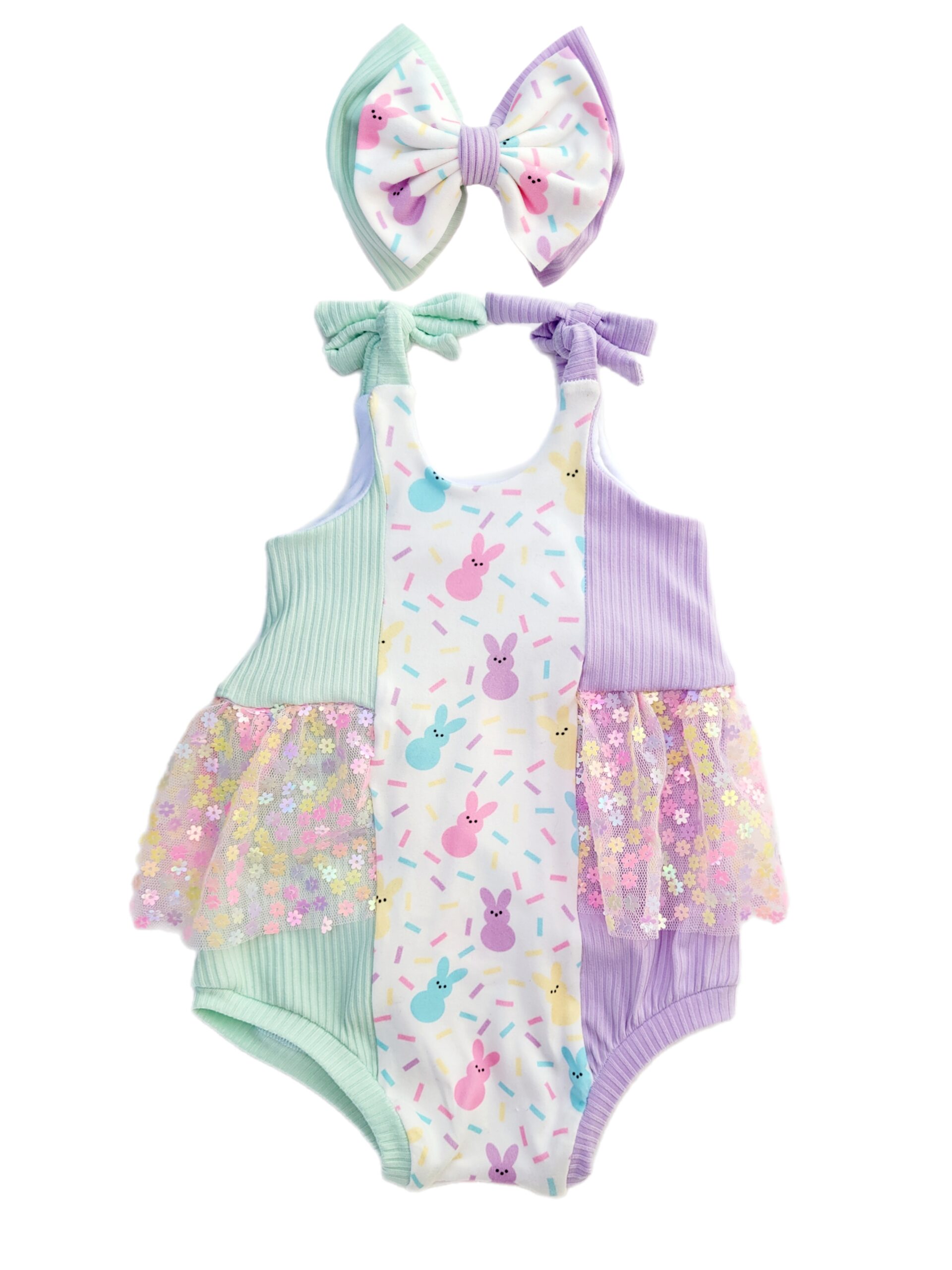 Easter Romper Pastel Sequin Tulle and Bow