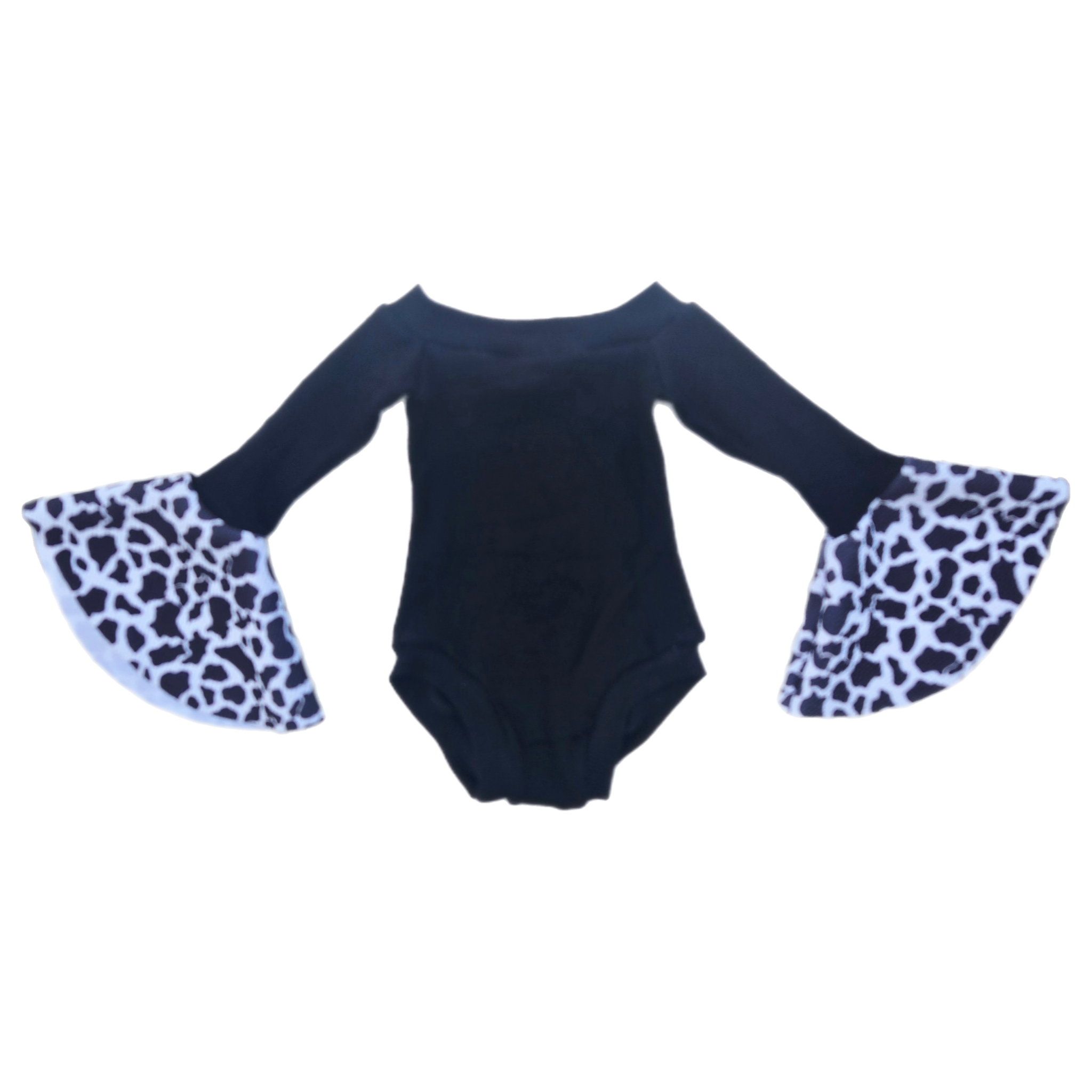Black Cow Fringe Bummies, Bell Sleeve Leo, and Bow Outfit