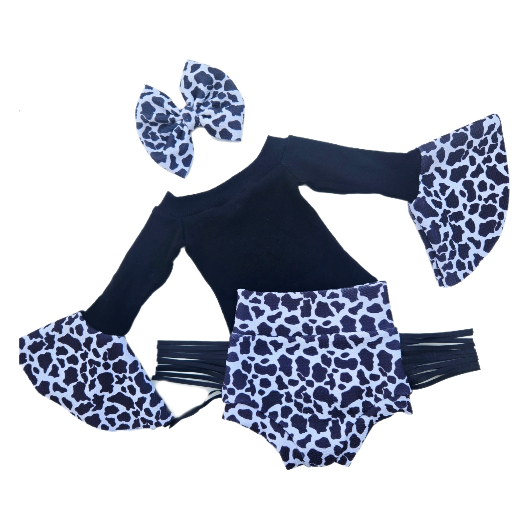 Black Cow Fringe Bummies, Bell Sleeve Leo, and Bow Outfit